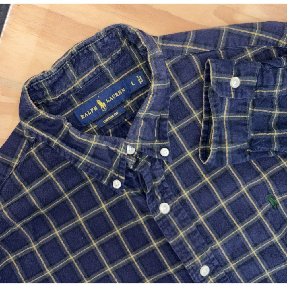 Polo‎ Ralph Lauren Navy Blue Plaid Oxford Button Down Mens Large Custom Fit